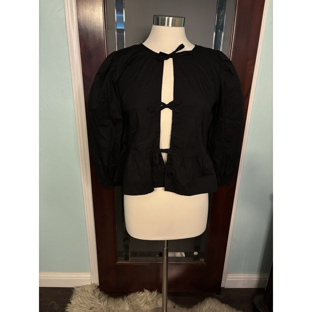 New CUTE Sim & Sam Peplum Bow Tie Front Puff Sleeve Top 100% Cotton